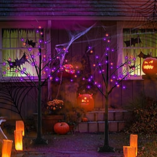 2 Pack 4FT Lighted Black Halloween Tree with 96 LED Orange & Purple Lights