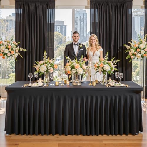 Besutolife 4 Pack Black Spandex Table Cloth for 6ft Rectangle Tables, Wrinkle...
