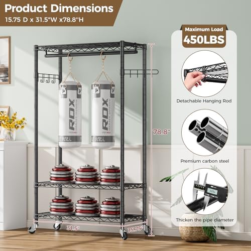 Golpart Heavy Duty Rolling Clothes Rack Wheels Portable Metal Garment Rack