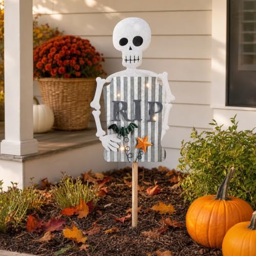 Mud Pie Skeleton Halloween Decor, Light Up Skeleton Yard Stake