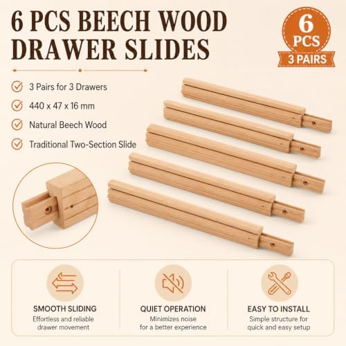 CYEAH 6 Pcs Wood Drawer Slides, 17 inch Wooden Drawer Slides, Wooden Undermou...