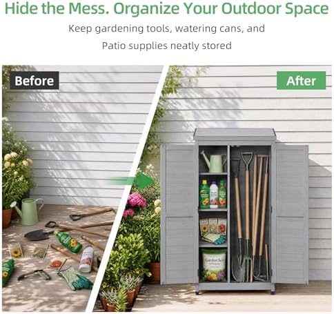 68'' Outdoor Storage Cabinet, Wooden Garden Tool Cabinet with Metal Top
