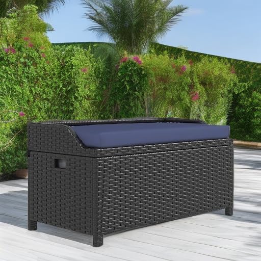 Outsunny 34 Gallon Outdoor Wicker Storage Bench Deck Box Blue
