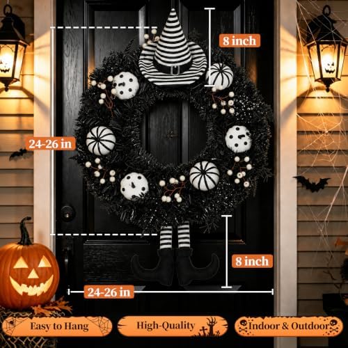 Grooy 24 Inch Halloween Wreath for Front Door with Striped Hat, Legs