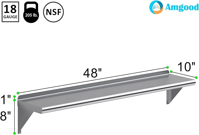 AmGood 48" Long X 10" Deep Stainless Steel Wall Shelf | NSF Certifi...
