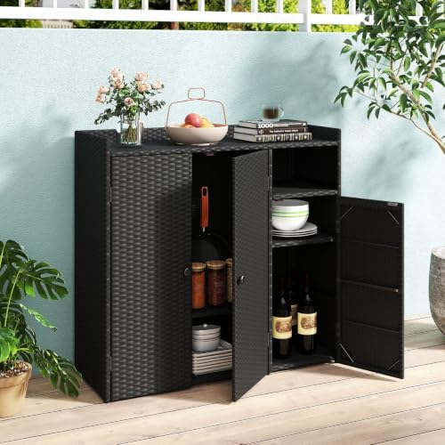 Tangkula Rattan Outdoor Storage Cabinet with 2 Adjustable Shelves