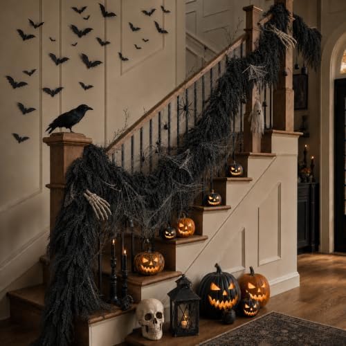 Black Halloween Mantle Garland Decor Gothic Garlands for Decorations 6Ft Fire...