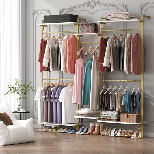 White/Gold Wall Mount Clothes Rack with 5 Hanging Rods, 6 Storage Shelves
