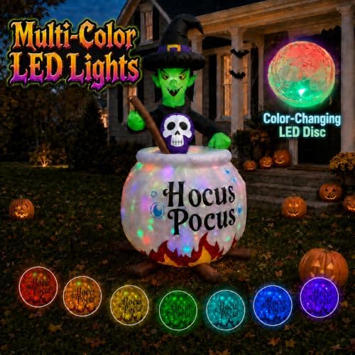 6 FT Halloween Inflatable Witch and Cauldron with RGB Lighted Halloween Blow ...