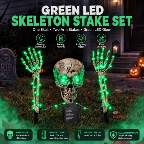Halloween Decoration Outdoor, 3-Piece Green LED Skeleton Stake Set