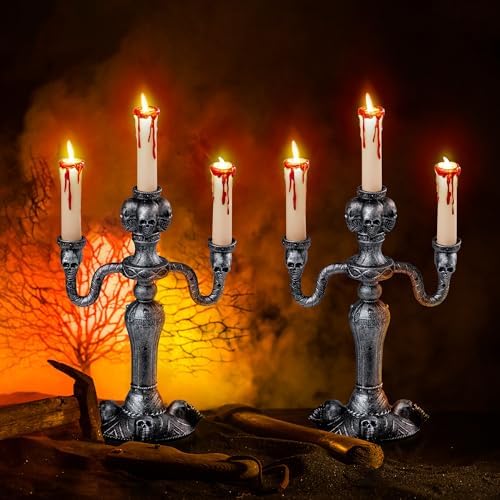 JOYIN 2 Pcs Skull Candelabra Halloween Decorations Indoor LED Lights Flameles...