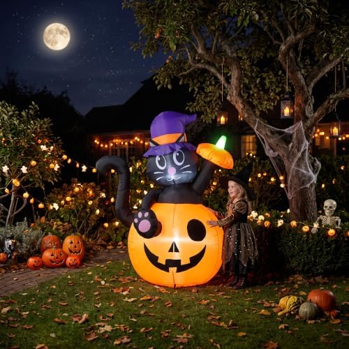 4.5FT Halloween Inflatable Black Cat with Pumpkin Outdoor Decorations, Blow U...