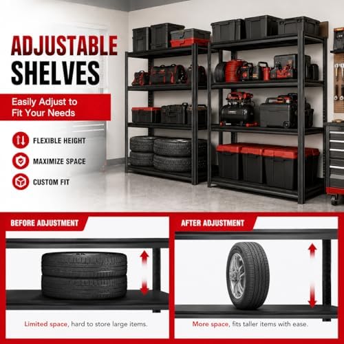Garage Shelving, 2400 LBS Heavy Duty Metal Storage Shelves, 4-Tier Adjustable...