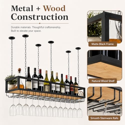 Ceiling Wine Glass Rack with Glass Holder, 55.1in Metal Hanging Bar Shelf