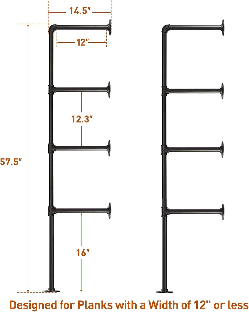 HITOMEN Industrial Iron Pipe Shelves, 2 Set 4-Tier 57.5" Tall 12" D...