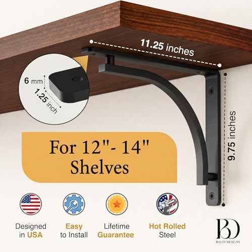 Classic Black Heavy Duty Shelf Brackets 12 inch by Balin Designs – L Bracket,...