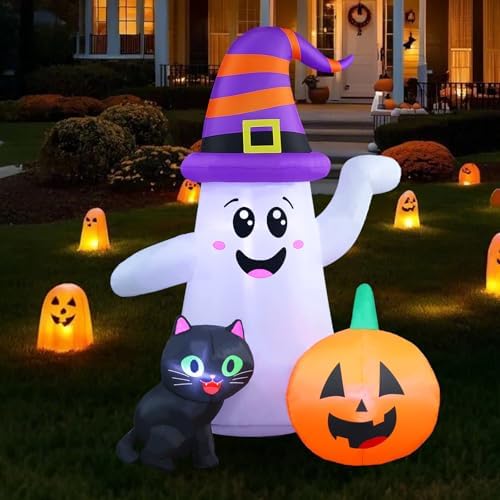 5FT Cute Halloween Inflatables Ghost, Blow Up Wizard Ghost with Pumpkin Black...
