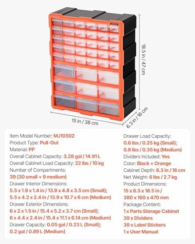 VEVOR 39-Drawer Storage Organizer, Plastic, Drawer Storage Cabinet for Garage...