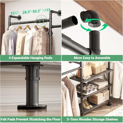 Aheaplus Expandable Industrial Pipe Clothing Rack, 7.3-10.9Ft Closet System