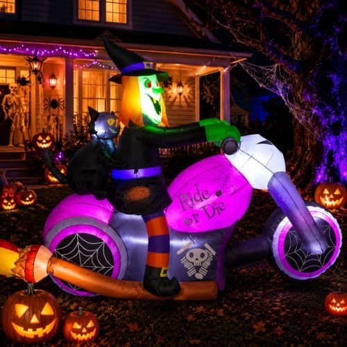 7FT Gaint Halloween Inflatables Witch on Motorcycle with Black Cat,Blow Up Ou...
