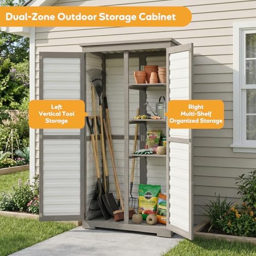 PetsCosset Outdoor Storage Cabinet with Shelves, Wood & Plastic Garden Sh...