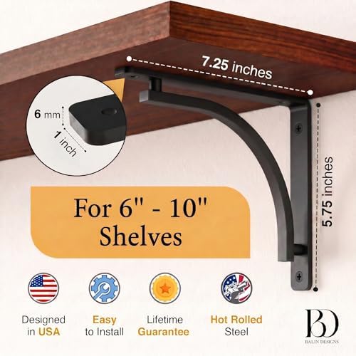 Classic Black Heavy Duty Shelf Brackets 8 inch by Balin Designs – L Bracket, ...