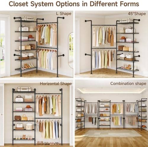 ONBRILL L2 Wall Mounted Closet System, Industrial Pipe Clothing Rack, Black