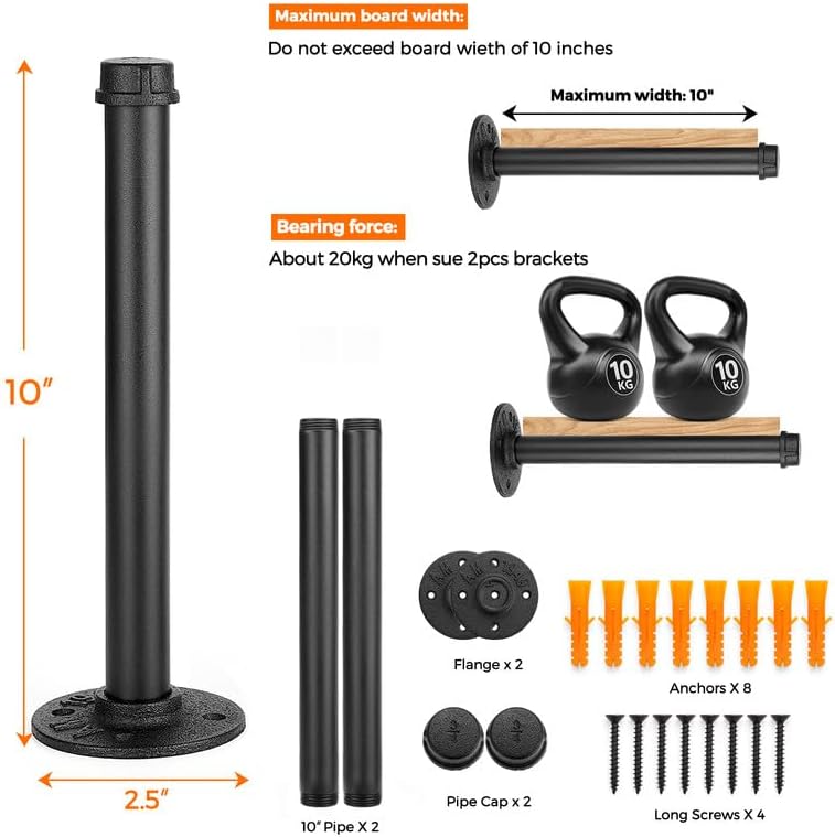 10 Inch Black Industrial Pipe Floating Clothing Rack Wall Mounted, 4 Pack