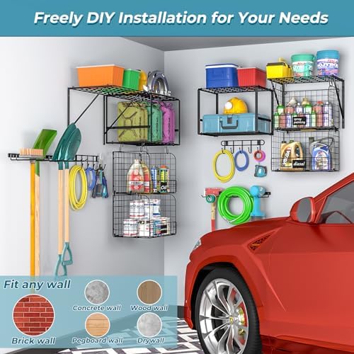 ThreeHio Garage Shelf Wall Mounted with Wire Baskets, Heavy Duty Garage Wall ...