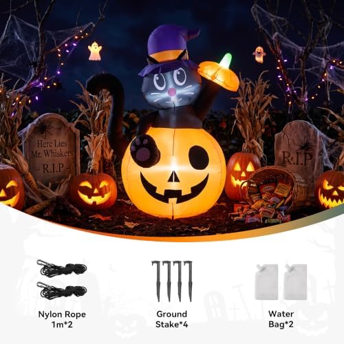 4.5FT Halloween Inflatable Black Cat with Pumpkin Outdoor Decorations, Blow U...