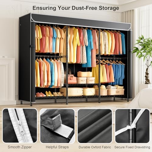 SEMHOR K01C Heavy Duty Clothes Rack with Cover Black, Max Load 860LBS