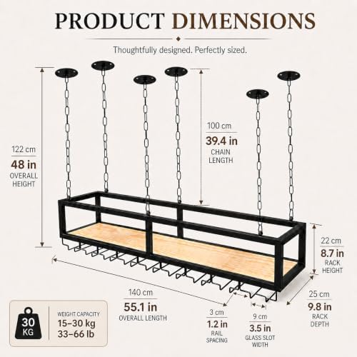 Ceiling Wine Glass Rack with Glass Holder, 55.1in Metal Hanging Bar Shelf
