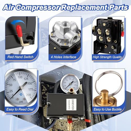 Dreyoo Air Compressor Pressure Switch, 90-120 PSI, 4 Port Plug Fitting Kit