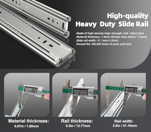 1 Pair 200 Lbs Heavy Duty Drawer Slides,8 10 12 14 16 18 20 22 24 26 28 30 32 34 36 38 40 Inch Full Extension Ball Bearing Rails Cabinet Tool Box Runners Tracks Glides(22 inch,with M4 Screws)