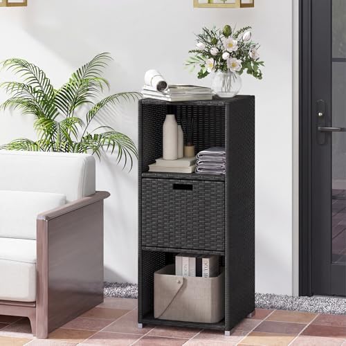 HAPPYGRILL Outdoor Storage Cabinet PE Rattan Wicker Storage Shed Organizer wi...