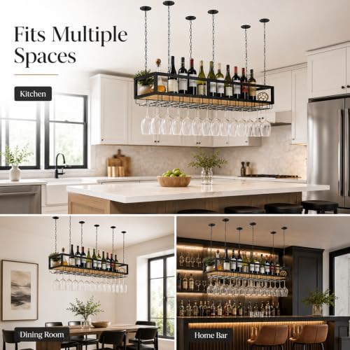Ceiling Wine Glass Rack with Glass Holder, 55.1in Metal Hanging Bar Shelf