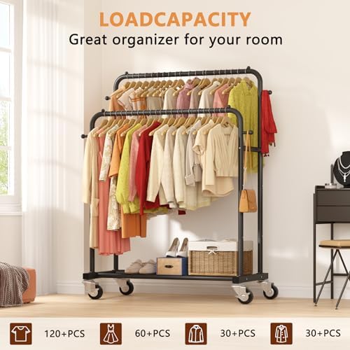 Laiensia Double Rods Garment Rack with Wheels, Clothing Rack for Hanging Clot...