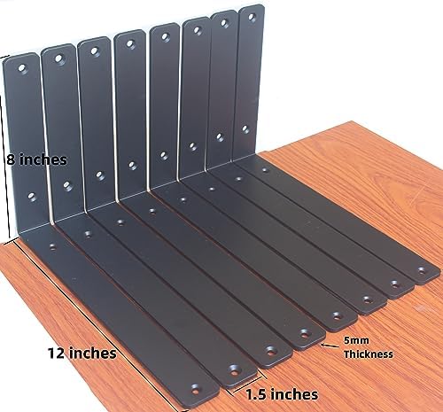 12 Pack - L 12" x H 8" x W1.5, 5mm Thick Black L Shelf Bracket, Iro...