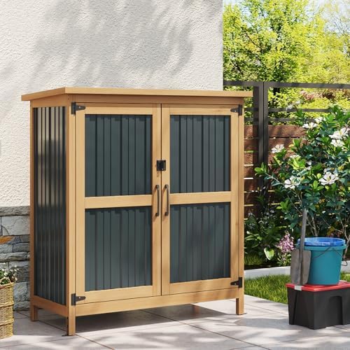 Aoxun Outdoor Storage Cabinet Shed - Wood & Metal Vertical Cabinet