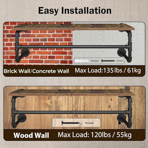 Clothes Rack Wall Mounted, 29.1in Shelf with Hanging Rod, Industrial Pipe Clo...