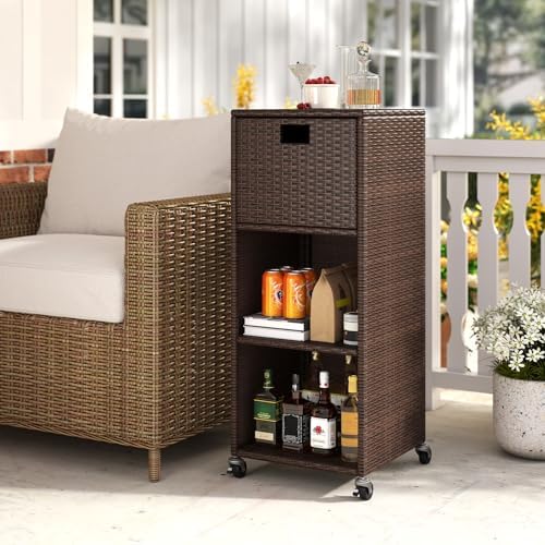 Tangkula Rattan Outdoor Storage Cabinet with 4 Wheels, Mix Brown