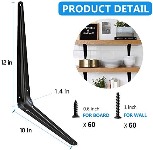 20 Pack Shelf Brackets 12 inches, Heavy Duty Black Iron Metal Floating Shelf ...