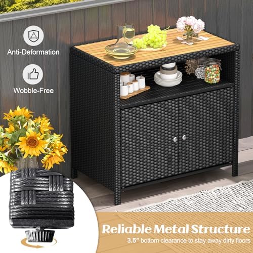 Tangkula Rattan Outdoor Storage Cabinet, Patiojoy Outdoor Cabinet with Acacia...