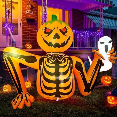 5FT Halloween Pumpkin Inflatable Skeleton with LED Light for Yard Garden