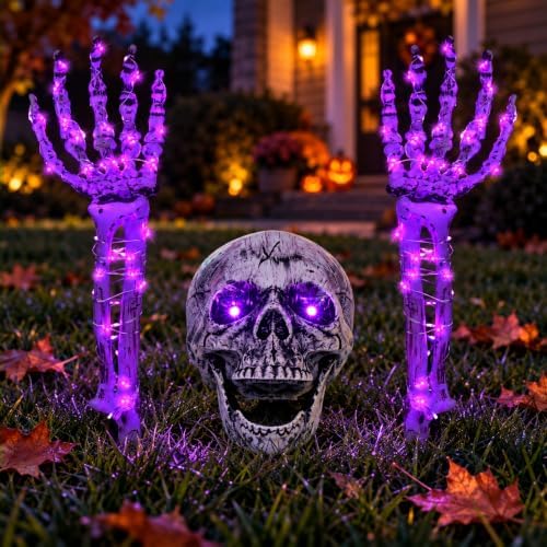 Halloween Skeleton Decorations Outdoor, Light Up Skull Head & Skeleton Ha...