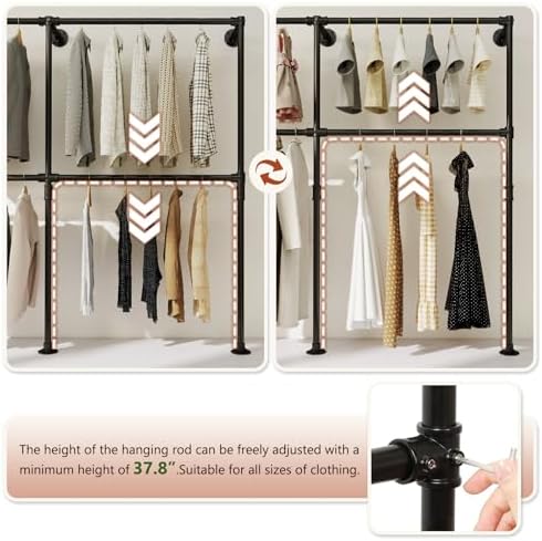 KELIXU 76.4" Industrial Pipe Clothing Rack for Wall Adjustable Height Wa...
