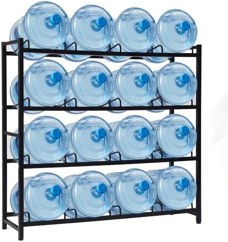 16-Tray Water Cooler Jug Rack - Heavy Duty Carbon Steel 5 Gallon Water Dispenser Jug Holder Stand With 4-Tier Organizer For Home, Office, Kitchen, Warehouse - Black