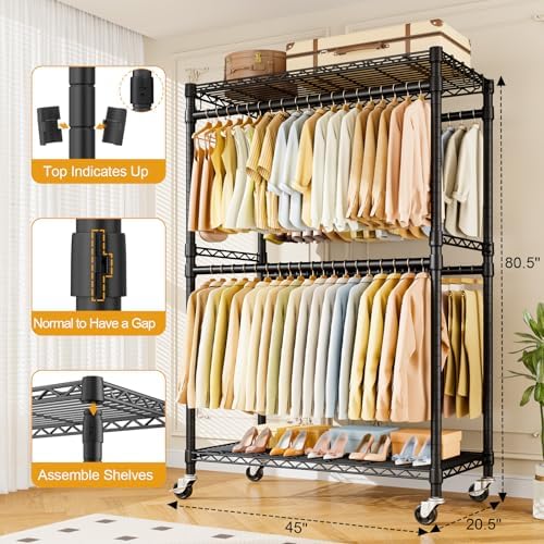 ULIFHOME Rolling Clothes Rack, Clothing Racks for Hanging Clothes, Black
