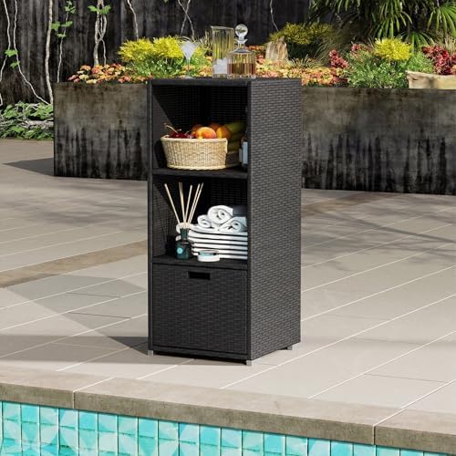 HAPPYGRILL Outdoor Storage Cabinet PE Rattan Wicker Storage Shed Organizer wi...