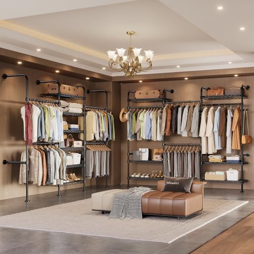 Wall Mounted Closet System, Heavy Duty 3-Row Clothes Rack, Expandable Industr...